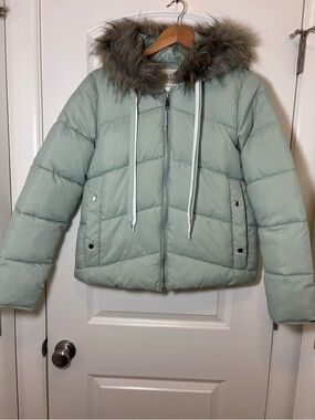 Maralyn & Me Sage Green Puffer Jacket with Faux Fur Trim